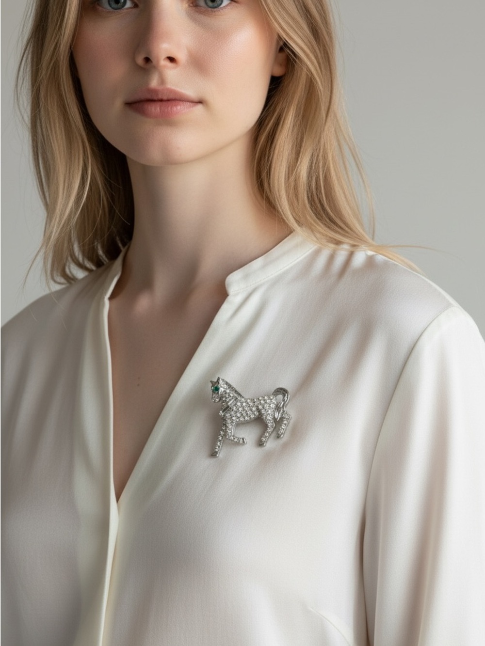 10/25 Crystal Horse Brooch Pin - Silver and Green Accent